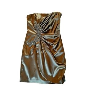 Army Green (NOT Brown) Short Strapless Satin  Formal Dress with Size Beading, XS